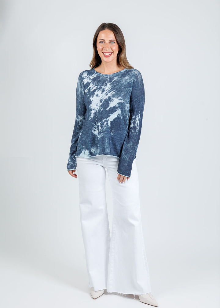 J Society Tie Dye Long Sleeve Crew Sweater in Denim paired with Pistola Izzy High Rise Wide Leg Jeans in White available at Barbara Katz