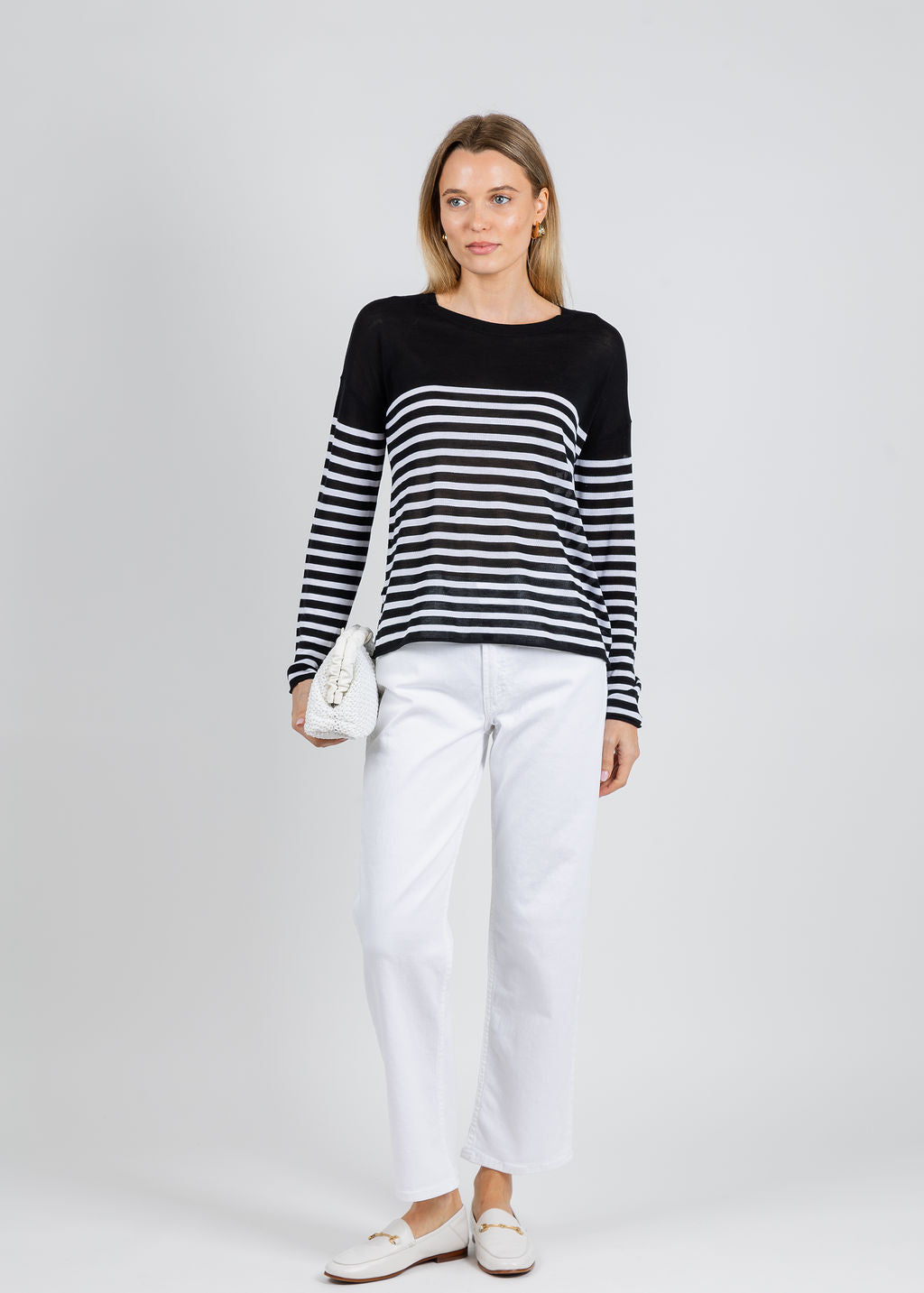 J Society Tissue Weight Stripe Crew Sweater in Black/White paired with Mother The Newbie Ankle Jeans Fairest of them All available at Barbara Katz