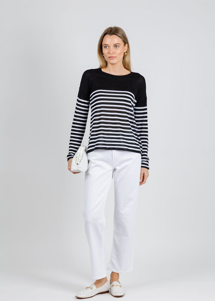 J Society Tissue Weight Stripe Crew Sweater in Black/White paired with Mother The Newbie Ankle Jeans Fairest of them All available at Barbara Katz