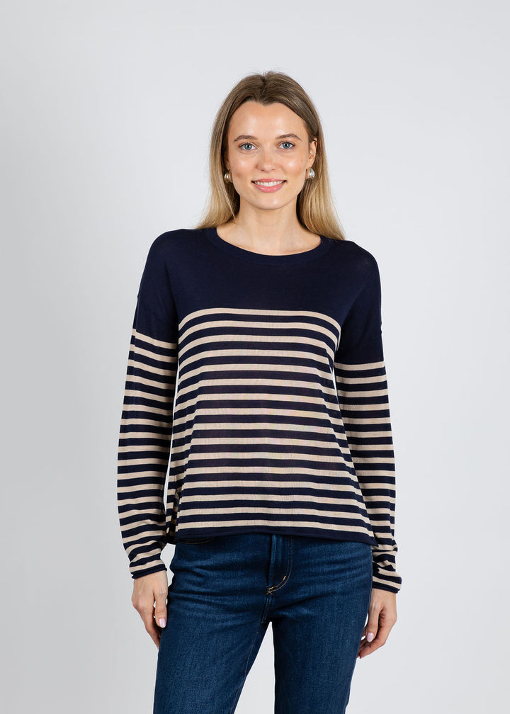 J Society Tissue Weight Stripe Crew Sweater in Navy/Sand available at Barbara Katz