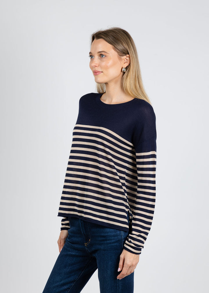 J Society Tissue Weight Stripe Crew Sweater in Navy/Sand available at Barbara Katz