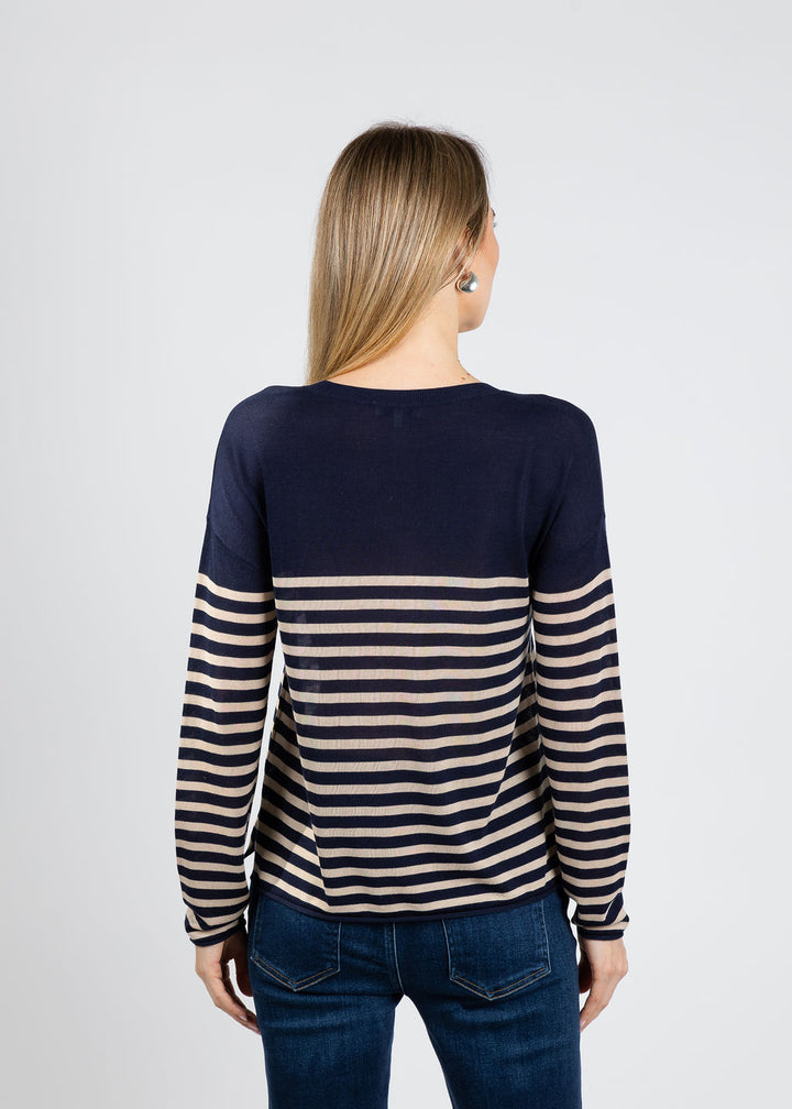 J Society Tissue Weight Stripe Crew Sweater in Navy/Sand available at Barbara Katz