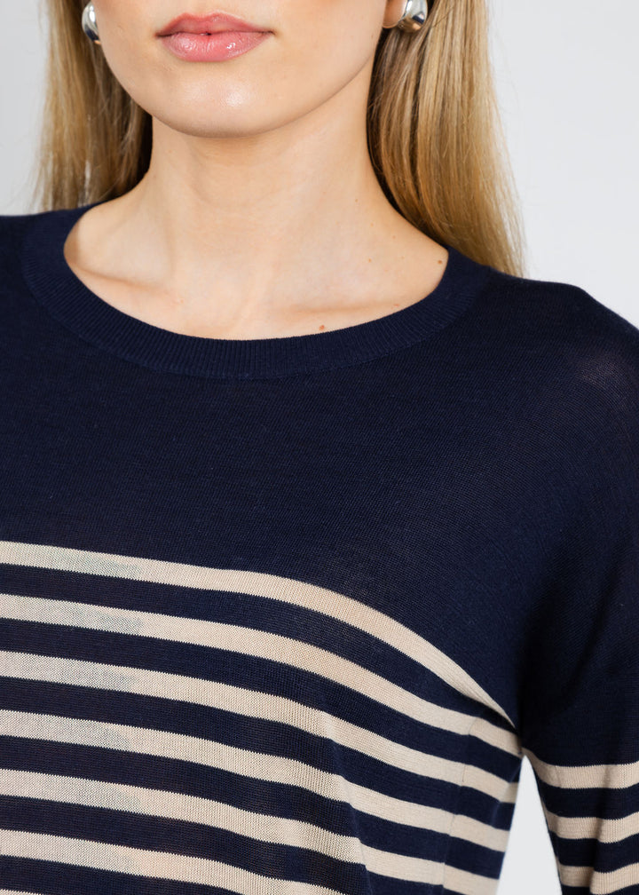 J Society Tissue Weight Stripe Crew Sweater in Navy/Sand available at Barbara Katz