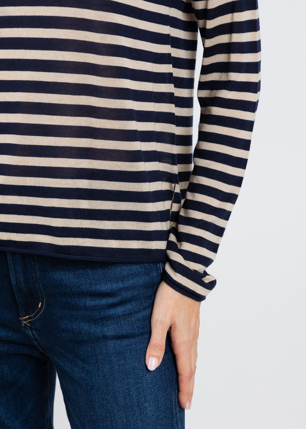 J Society Tissue Weight Stripe Crew Sweater in Navy/Sand available at Barbara Katz