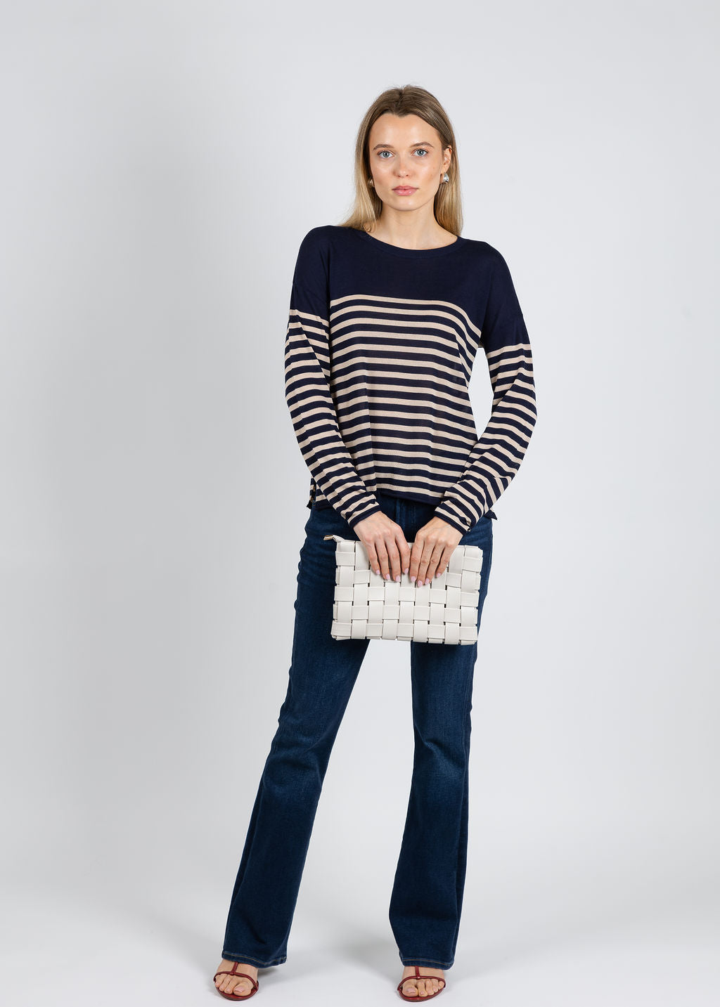 J Society Tissue Weight Stripe Crew Sweater in Navy/Sand available at Barbara Katz
