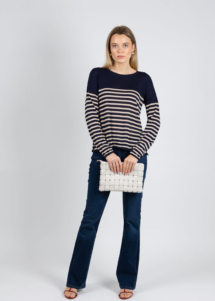 J Society Tissue Weight Stripe Crew Sweater in Navy/Sand available at Barbara Katz