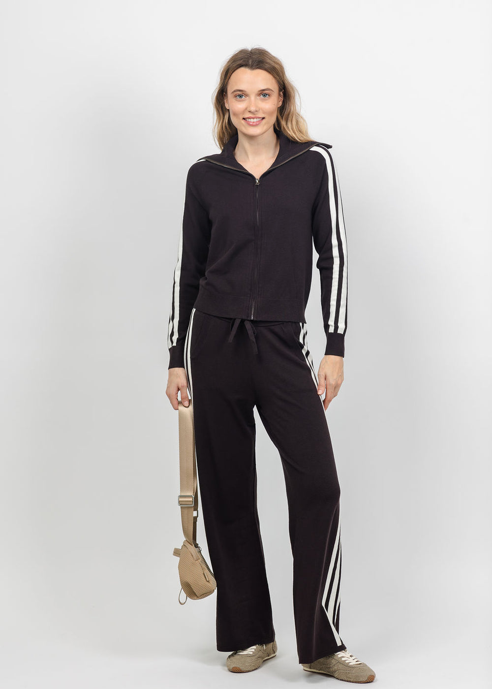 J Society Track Jacket and Wide Leg Stripe Pant in Chocolate available at Barbara Katz