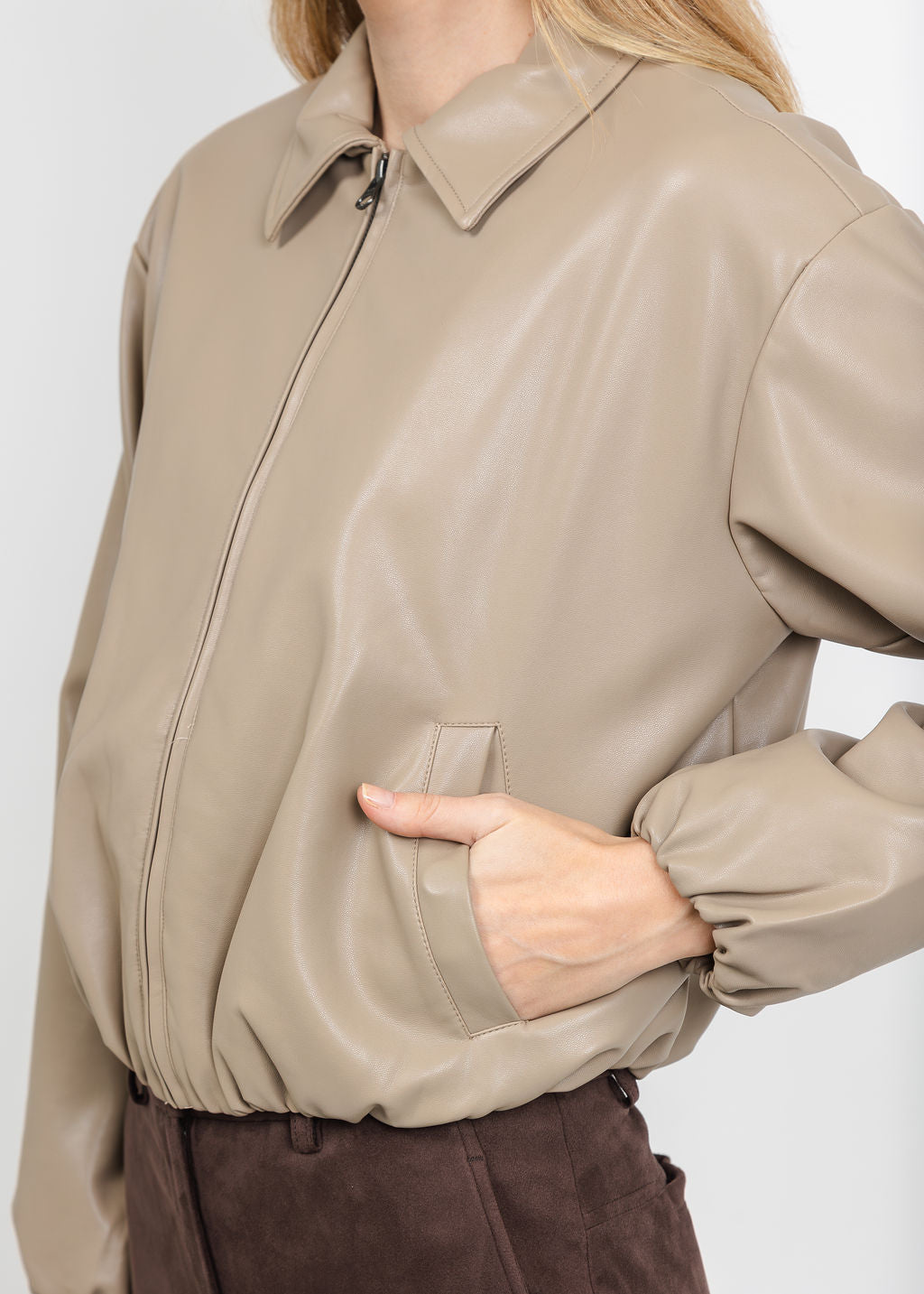 J Society Vegan Bubble Bomber Jacket in Taupe available at Barbara Katz
