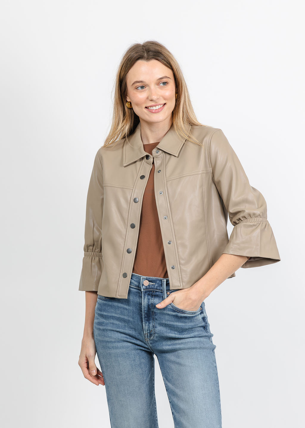 J Society Vegan Cinched Sleeve Jacket in Taupe available at Barbara Katz