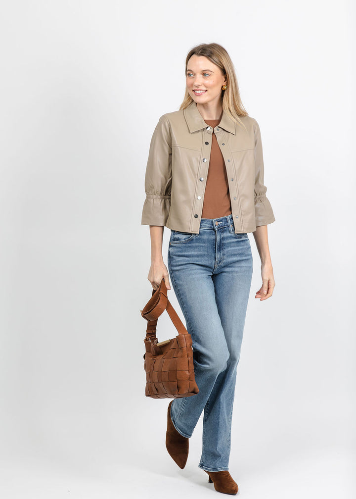 J Society Vegan Cinched Sleeve Jacket in Taupe available at Barbara Katz