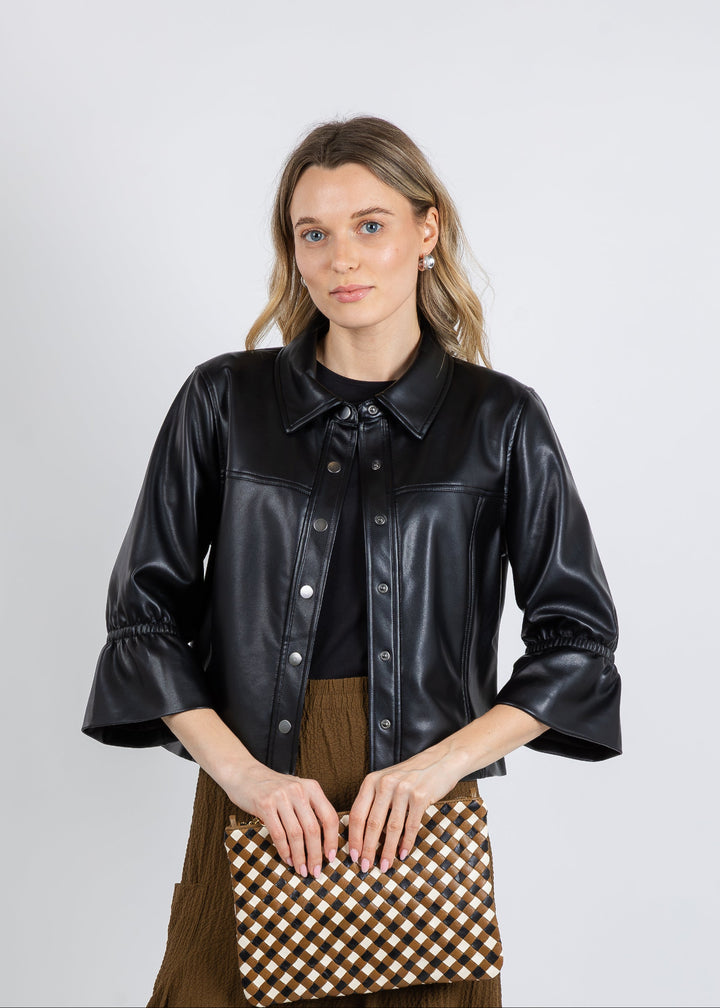 J Society Vegan Flare Sleeve Jean Jacket in Black available at Barbara Katz