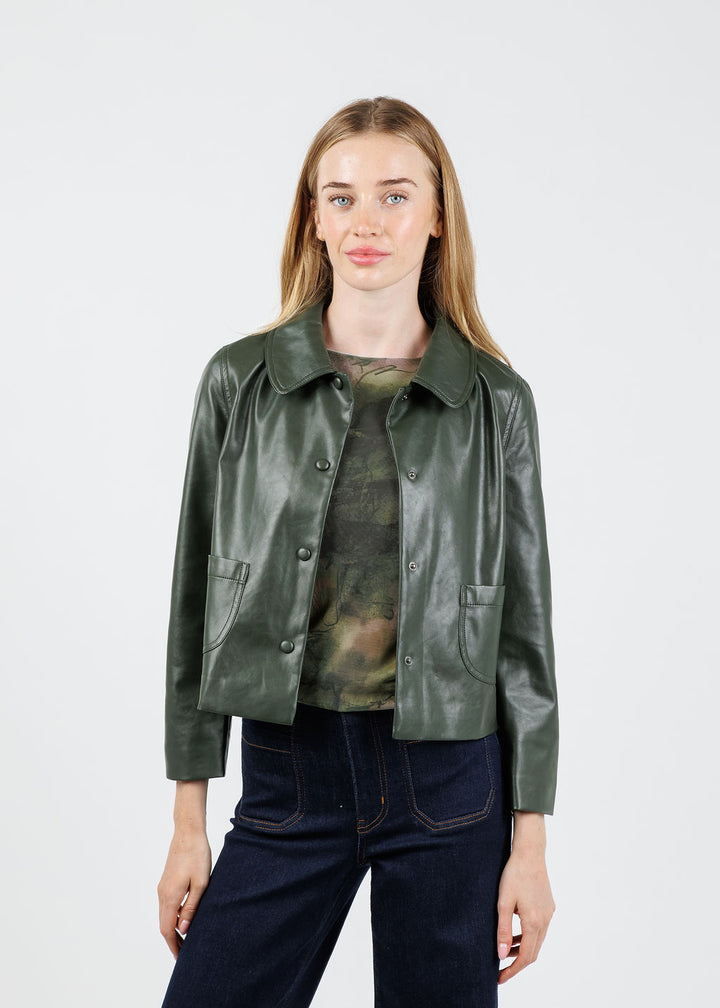J Society Vegan Leather Collared Jacket in Military available at Barbara Katz