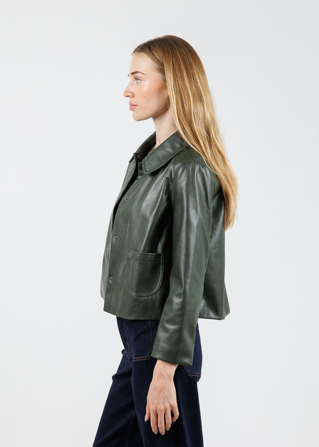 J Society Vegan Leather Collared Jacket in Military available at Barbara Katz
