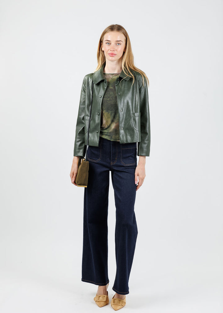J Society Vegan Leather Collared Jacket in Military available at Barbara Katz