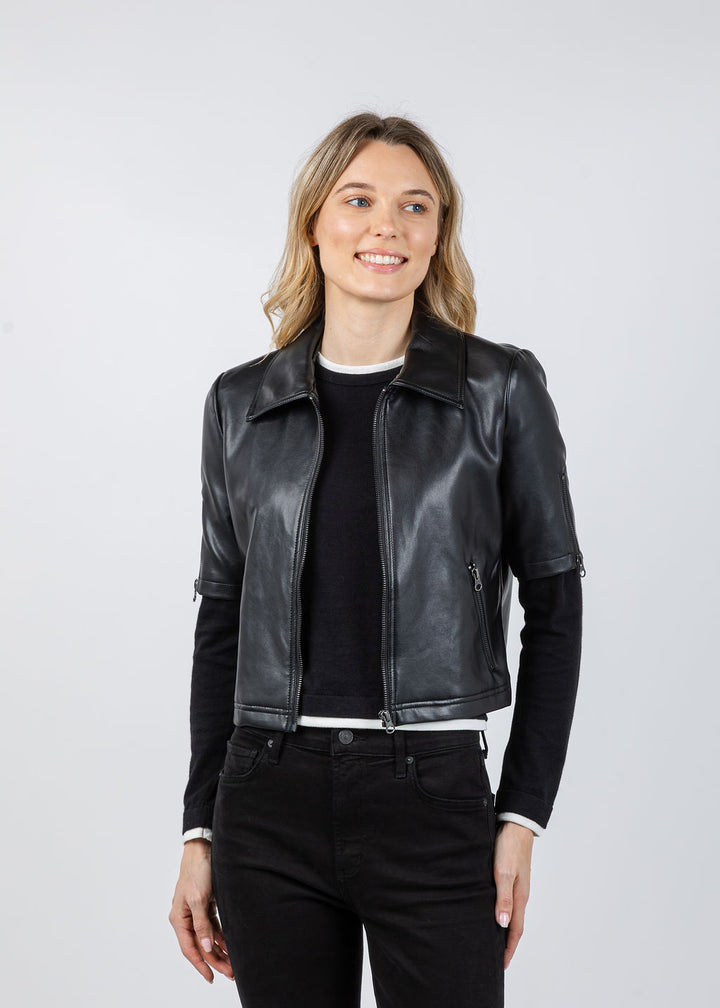 J Society Vegan Leather Short Sleeve Jacket in Black available at Barbara Katz