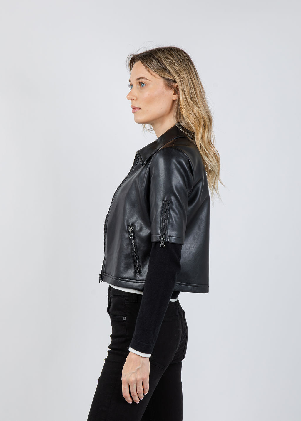J Society Vegan Leather Short Sleeve Jacket in Black available at Barbara Katz