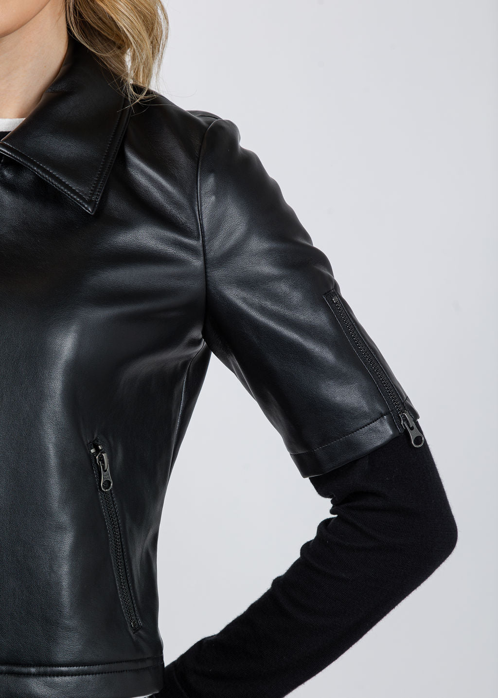 J Society Vegan Leather Short Sleeve Jacket in Black available at Barbara Katz