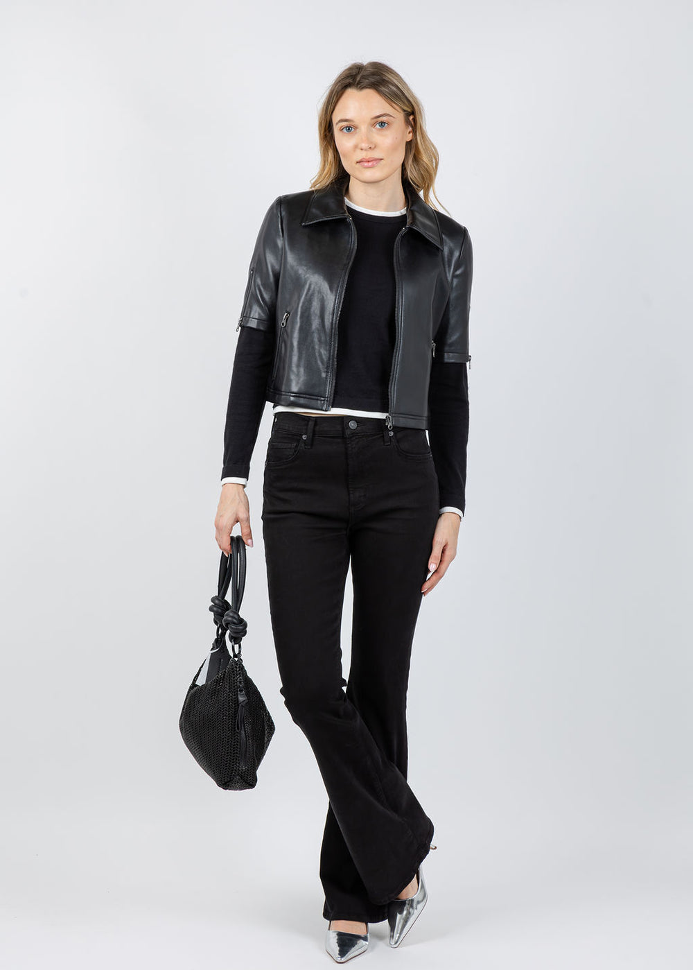 J Society Vegan Leather Short Sleeve Jacket in Black available at Barbara Katz