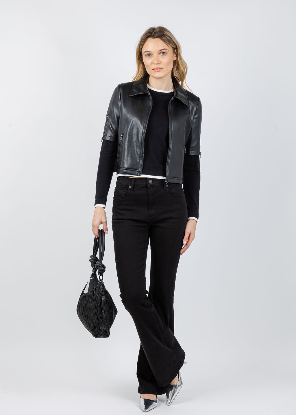 J Society Vegan Leather Short Sleeve Jacket in Black available at Barbara Katz