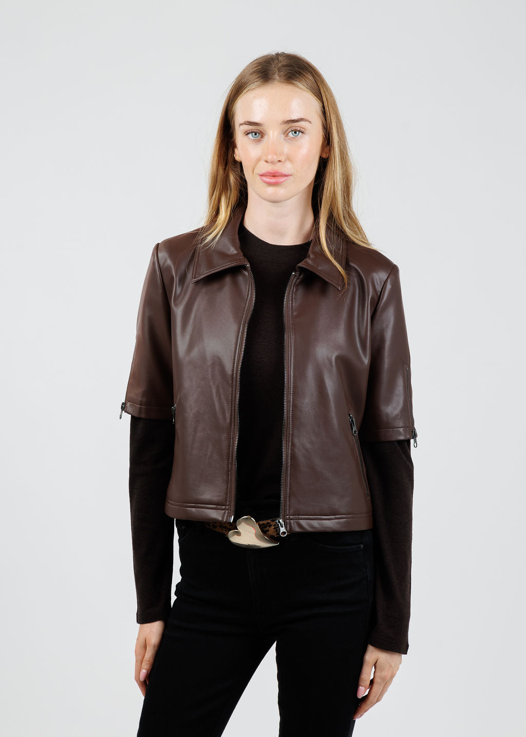 J Society Vegan Leather Short Sleeve Jacket in Chocolate available at Barbara Katz