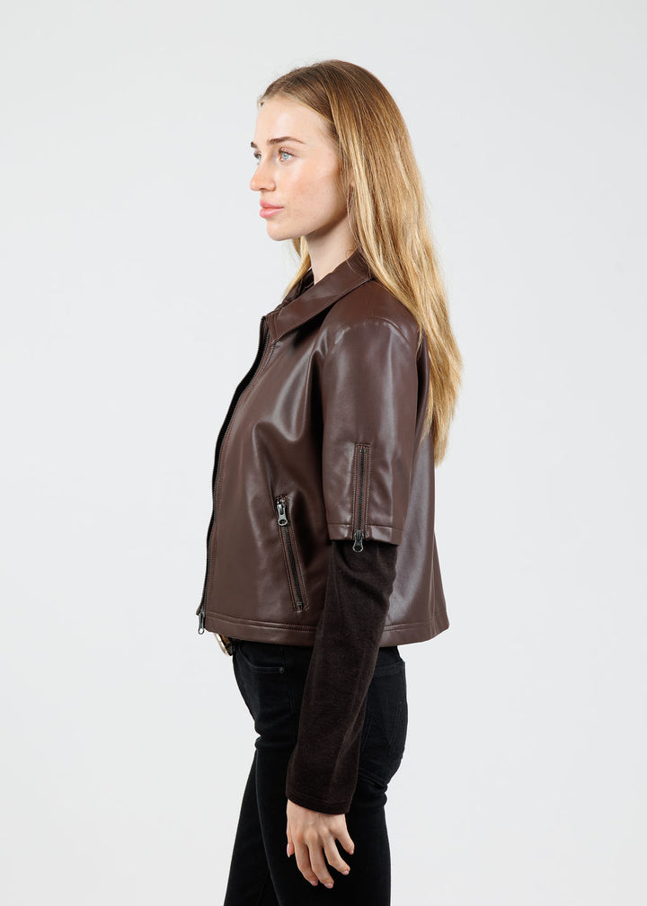 J Society Vegan Leather Short Sleeve Jacket in Chocolate available at Barbara Katz