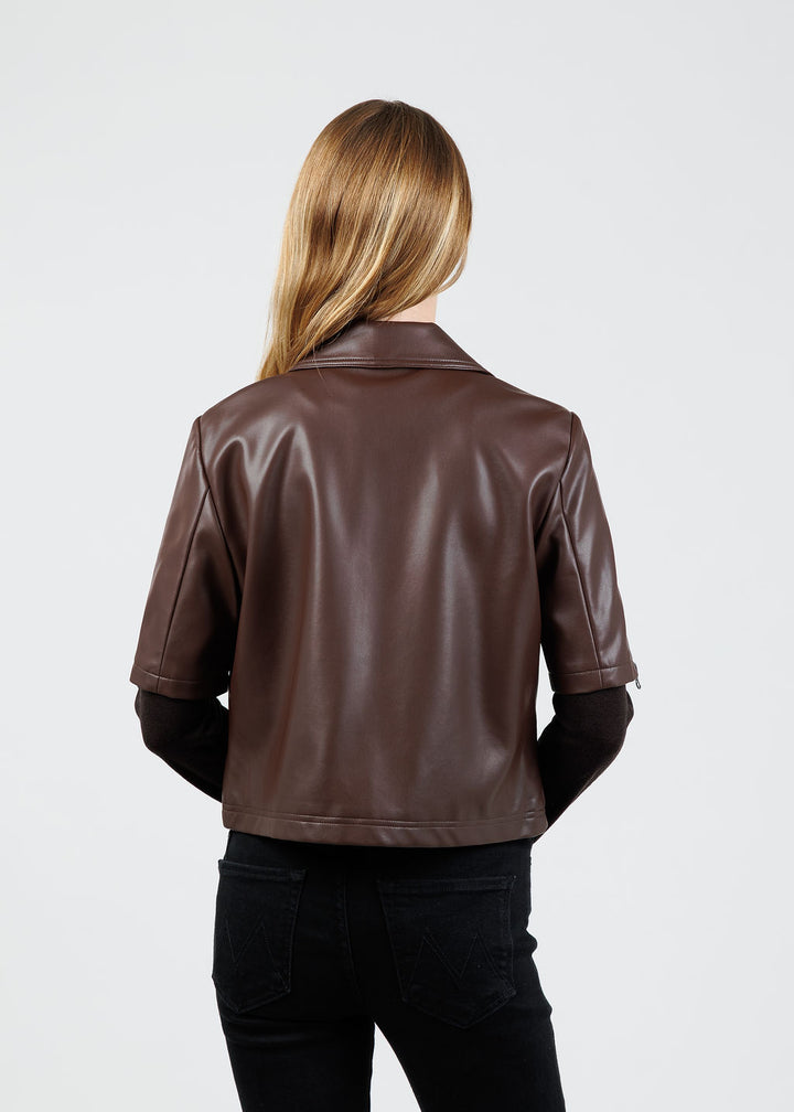 J Society Vegan Leather Short Sleeve Jacket in Chocolate available at Barbara Katz