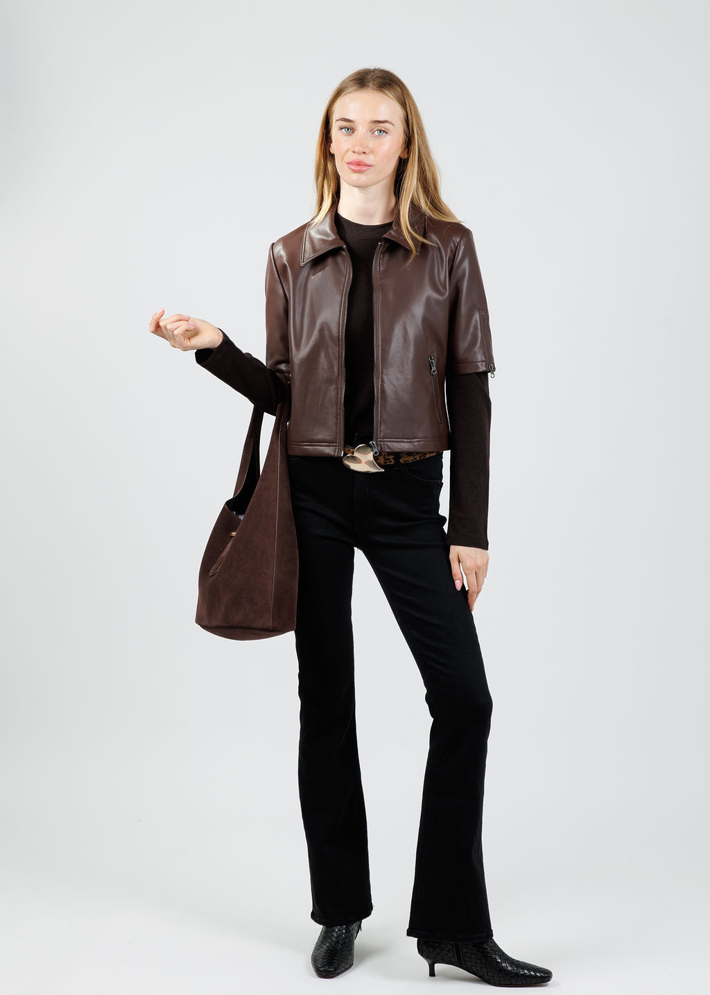 J Society Vegan Leather Short Sleeve Jacket in Chocolate available at Barbara Katz