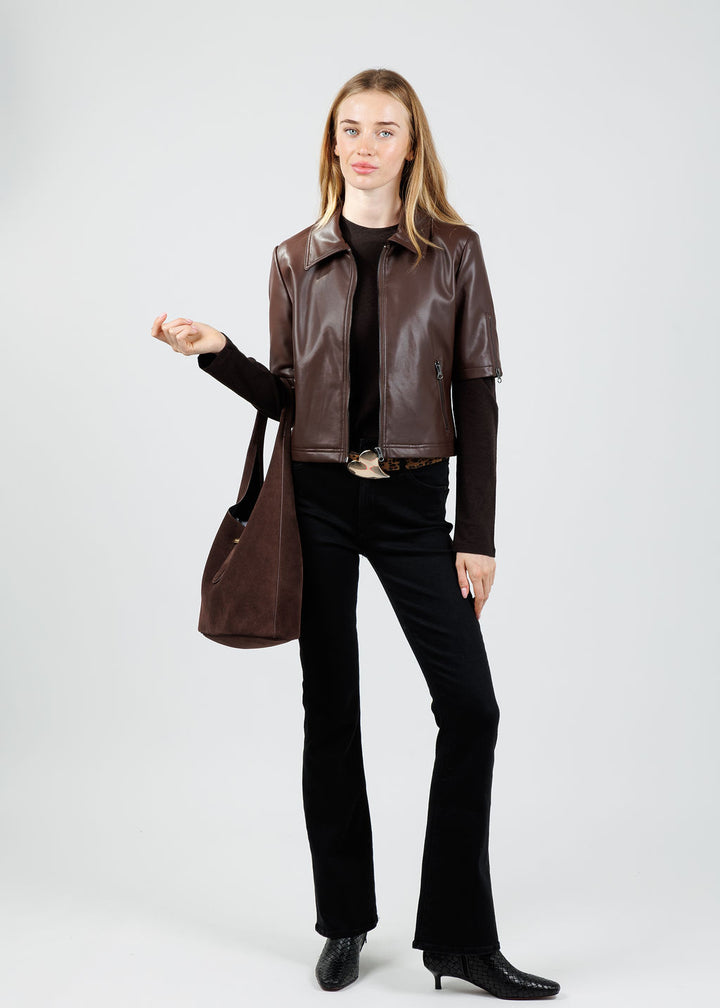 J Society Vegan Leather Short Sleeve Jacket in Chocolate available at Barbara Katz