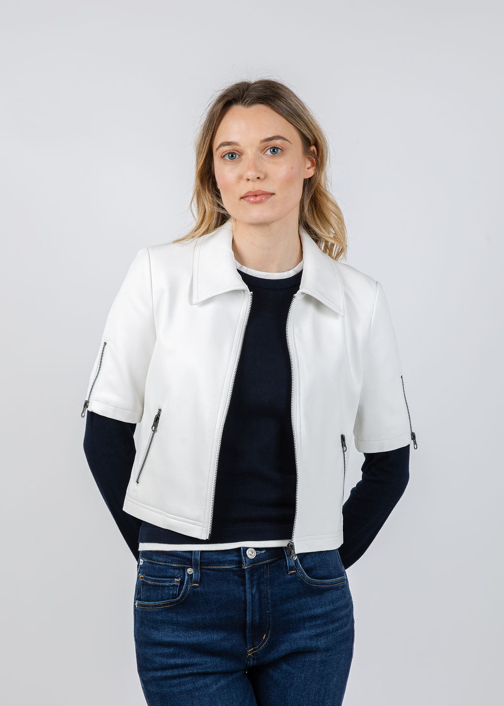 J Society Vegan Leather Short Sleeve Jacket in White available at Barbara Katz