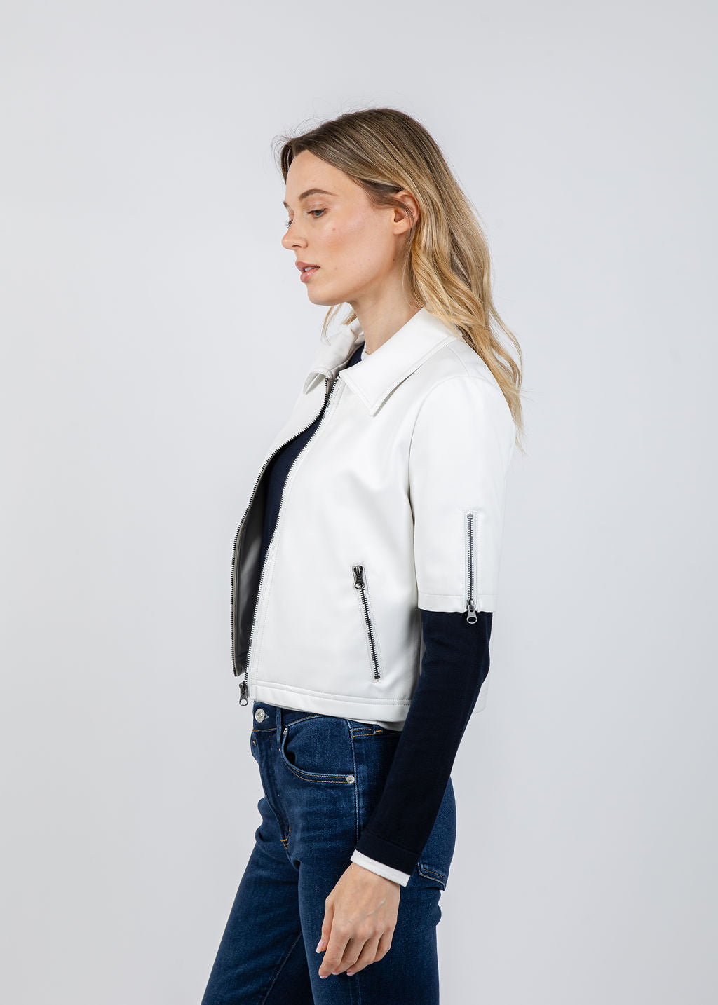 J Society Vegan Leather Short Sleeve Jacket in White available at Barbara Katz