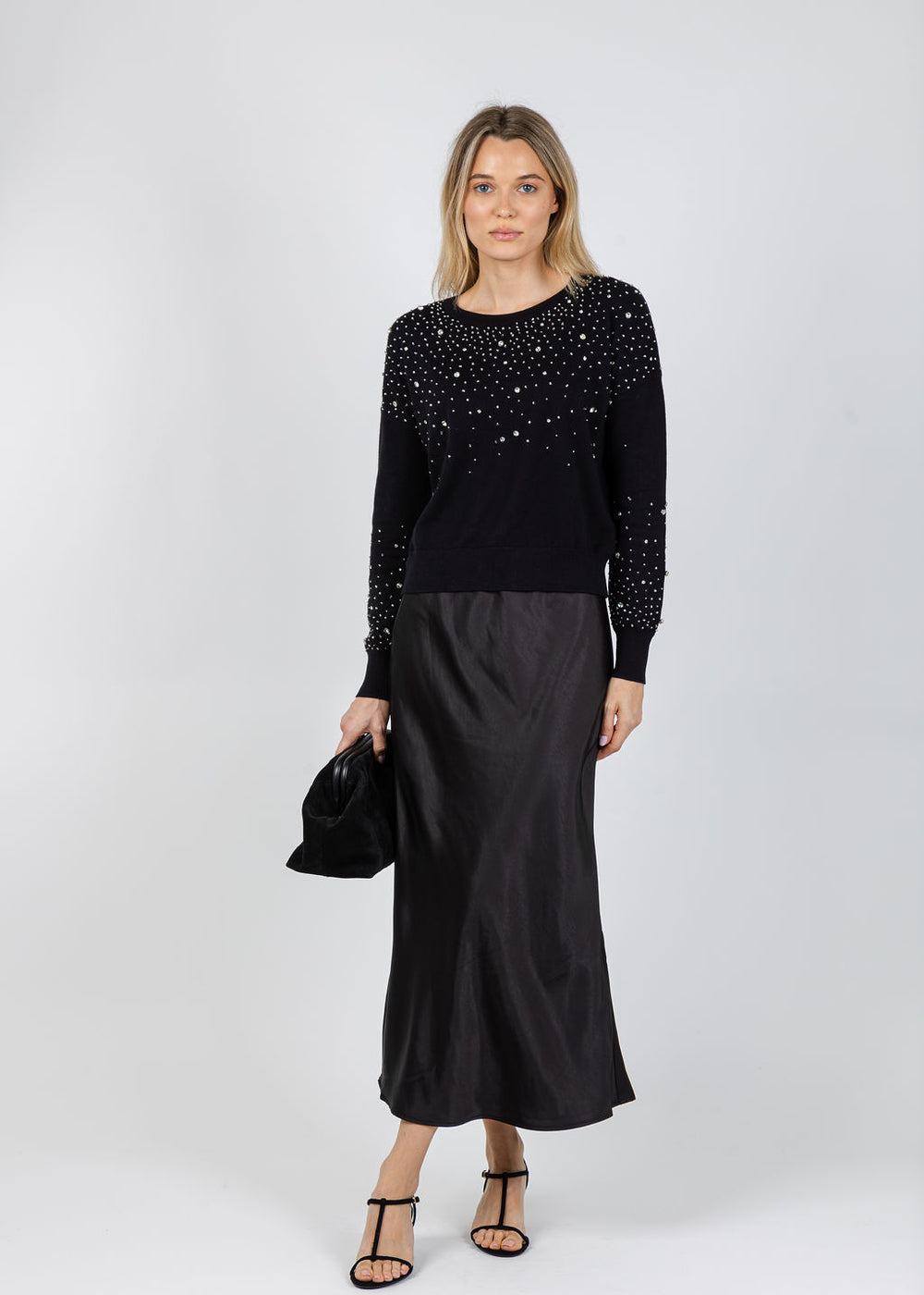 J Society Ximena Embellished Crew Sweater in Black paired with J Socirty Satin Skirt in Black available at Barbara Katz