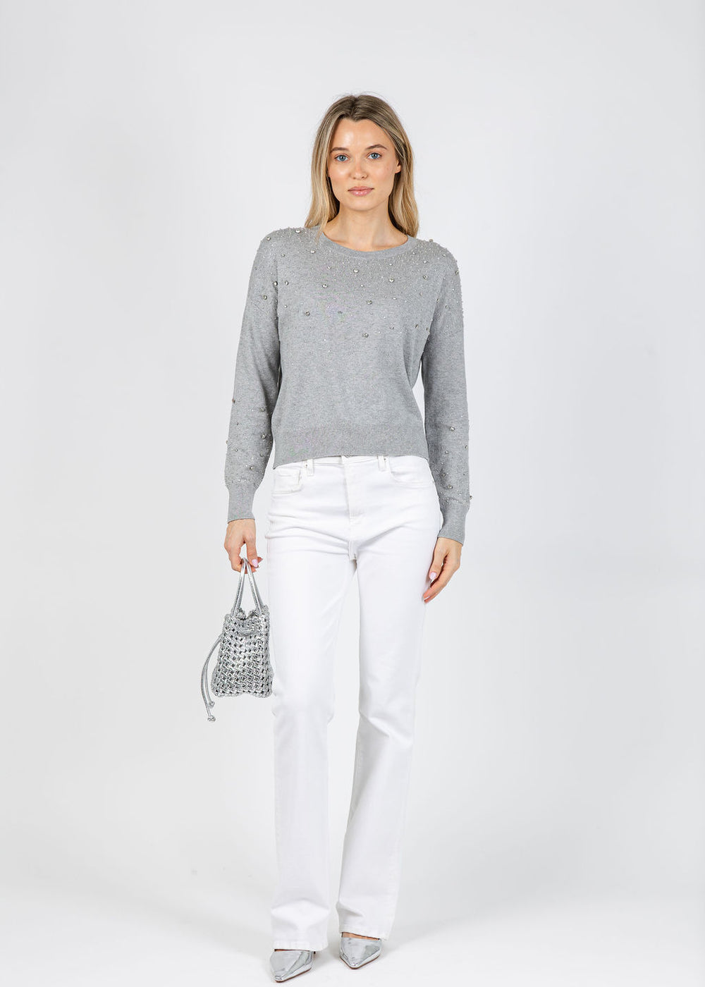 J Society Ximena Embellished Crew Sweater in Heather available at Barbara Katz