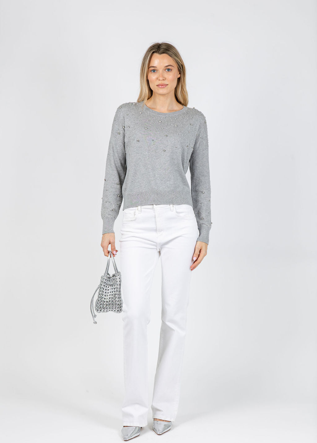 J Society Ximena Embellished Crew Sweater in Heather available at Barbara Katz