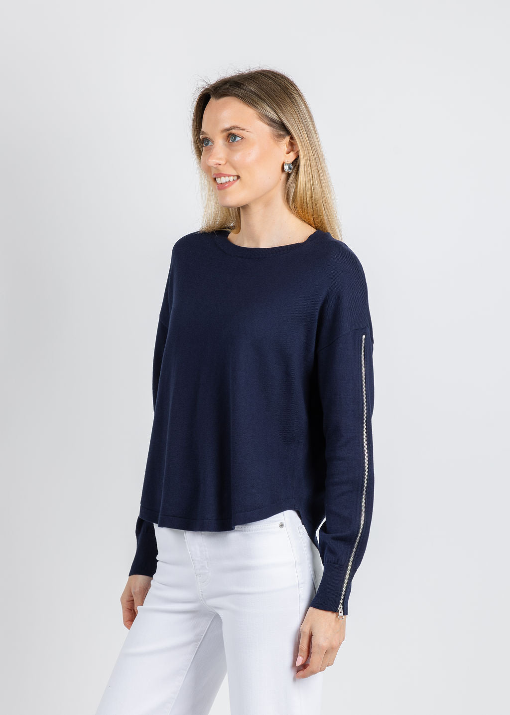 J Society Zip Sleeve Sweater in Navy available at Barbara Katz