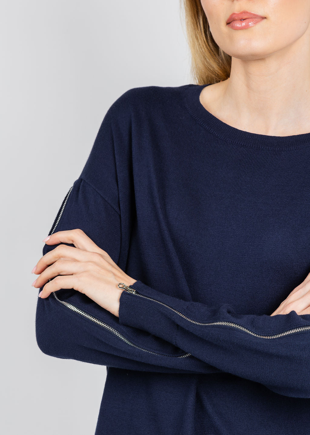 J Society Zip Sleeve Sweater in Navy available at Barbara Katz