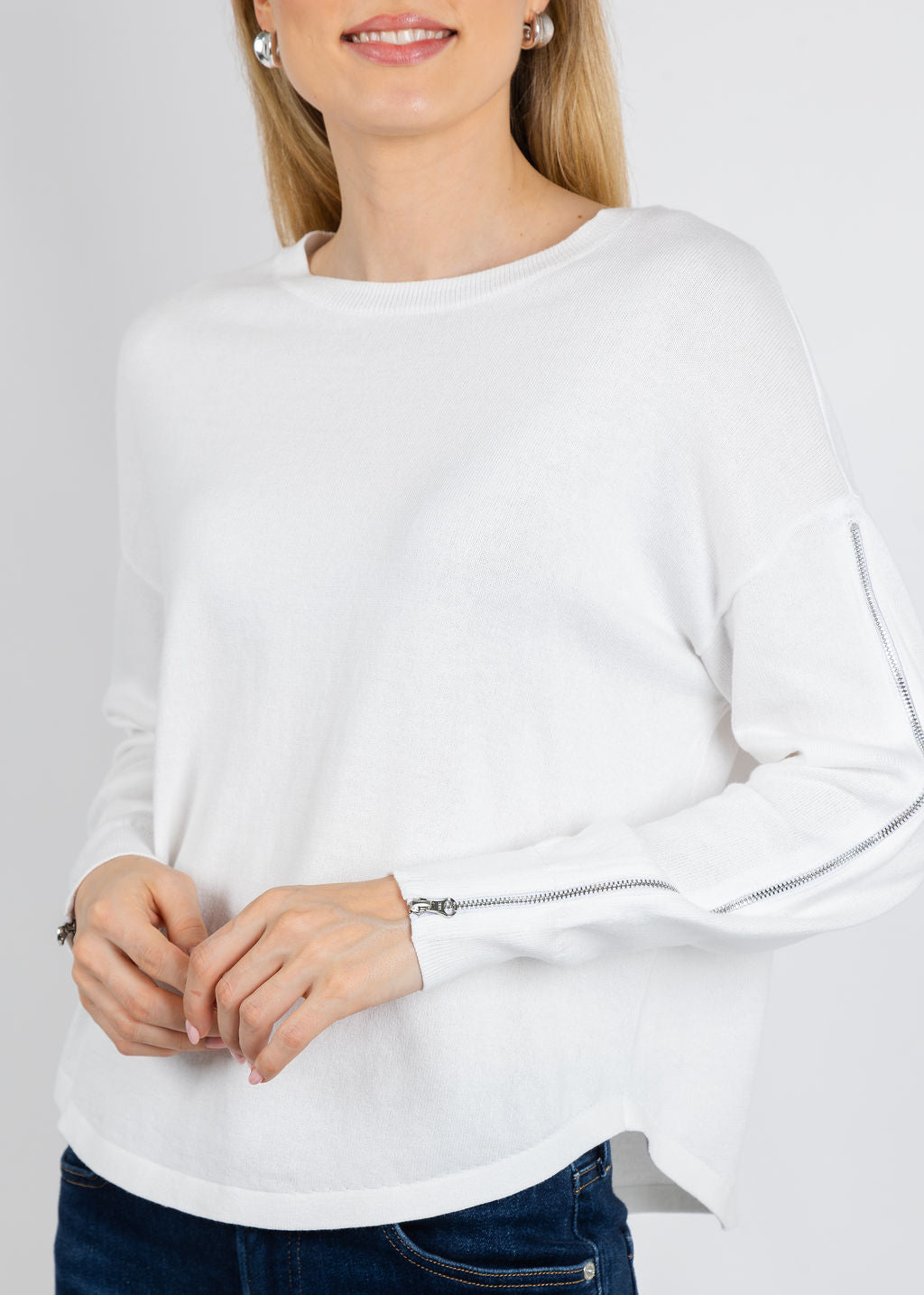 J Society Zip Sleeve Sweater in White available at Barbara Katz