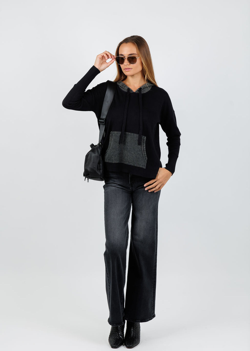 J Society Denim Drawstring Hoodie in Black available at Barbara Katz
