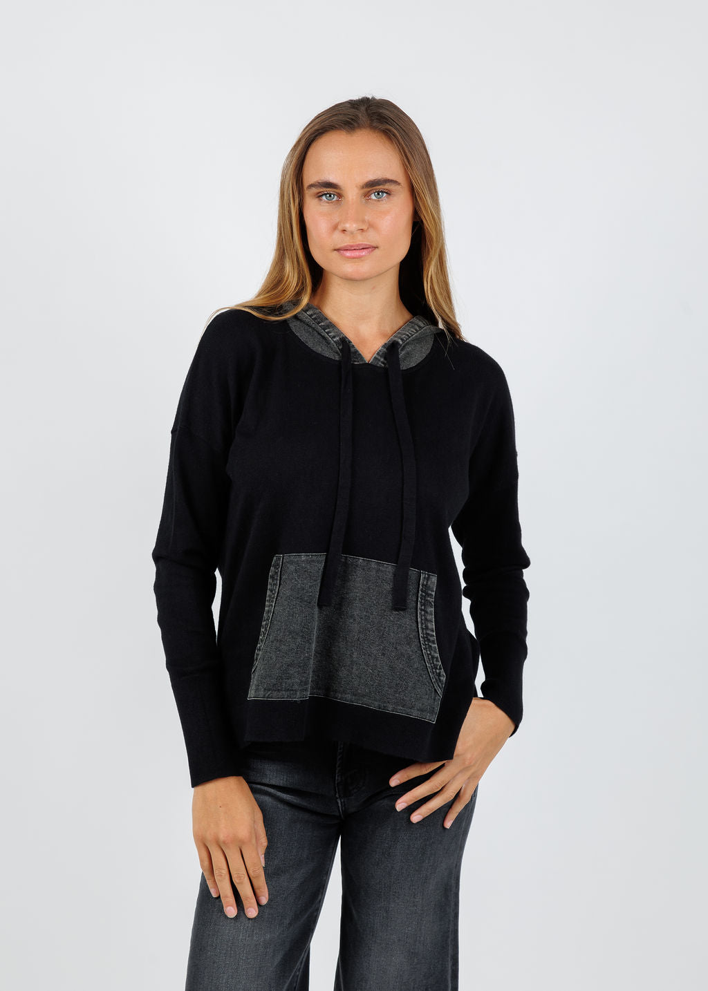 J Society Denim Drawstring Hoodie in Black available at Barbara Katz