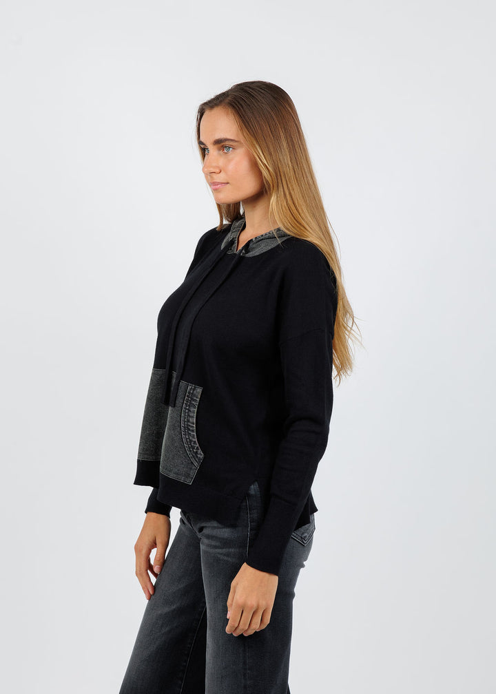 J Society Denim Drawstring Hoodie in Black available at Barbara Katz