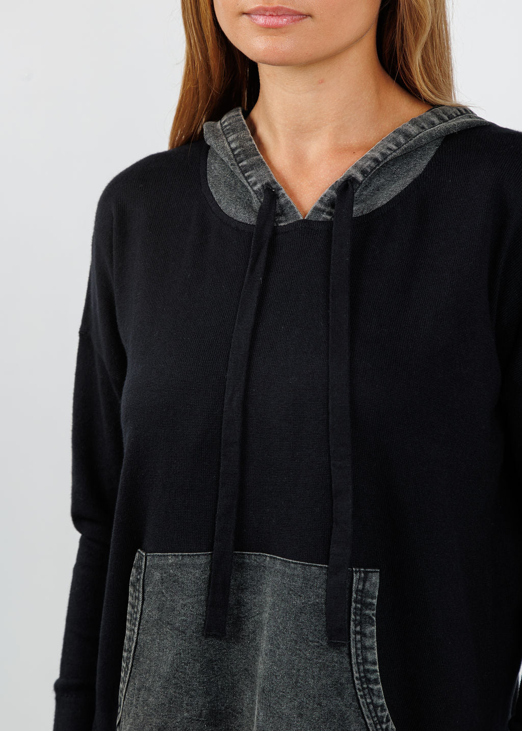 J Society Denim Drawstring Hoodie in Black available at Barbara Katz