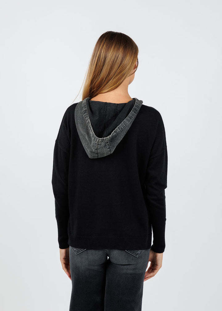 J Society Denim Drawstring Hoodie in Black available at Barbara Katz