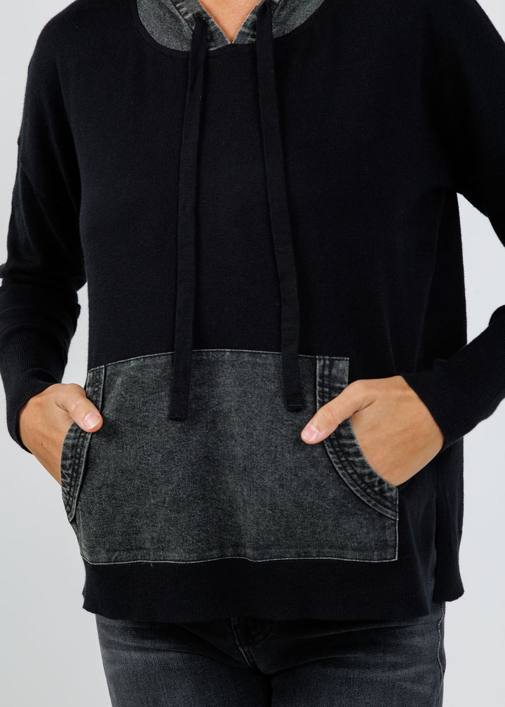 J Society Denim Drawstring Hoodie in Black available at Barbara Katz