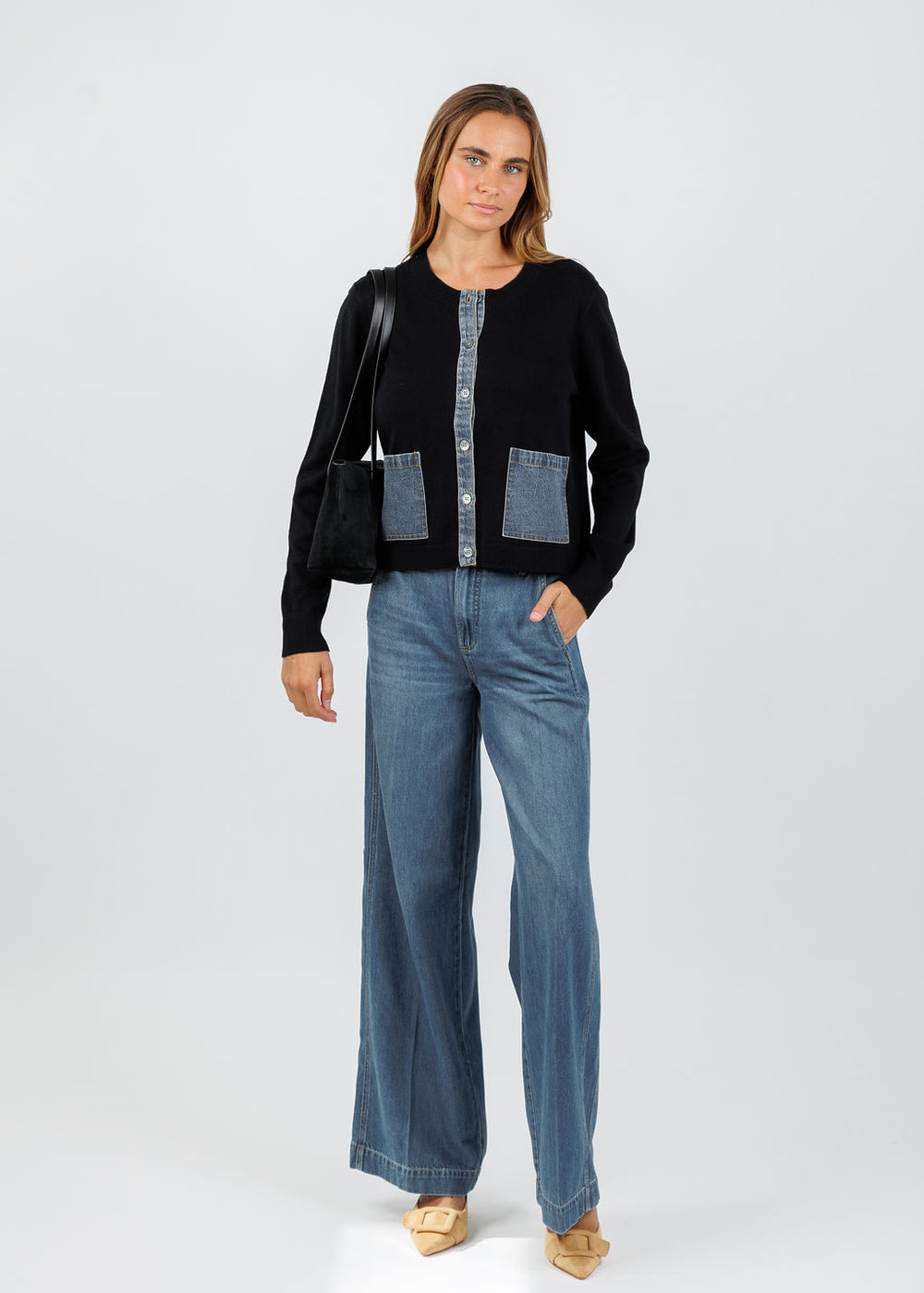 J Society Denim Pocket Cardigan in Black/Blue available at Barbara Katz