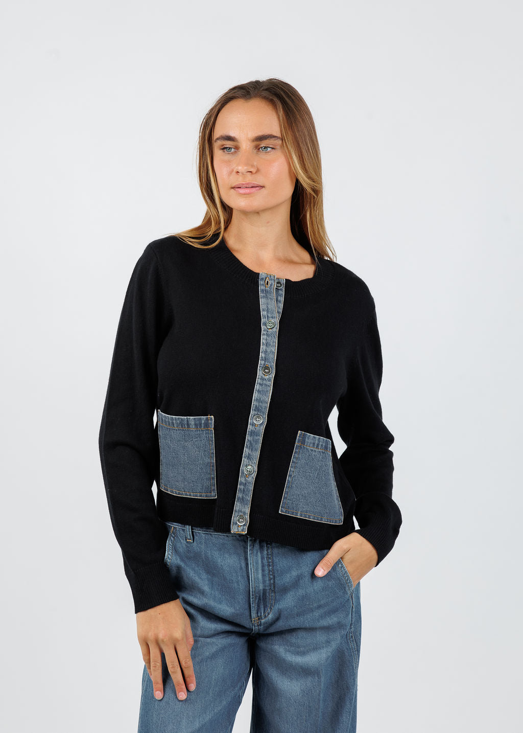 J Society Denim Pocket Cardigan in Black/Blue available at Barbara Katz