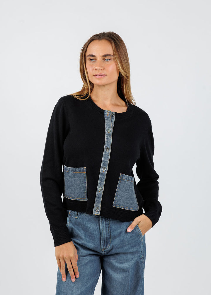 J Society Denim Pocket Cardigan in Black/Blue available at Barbara Katz