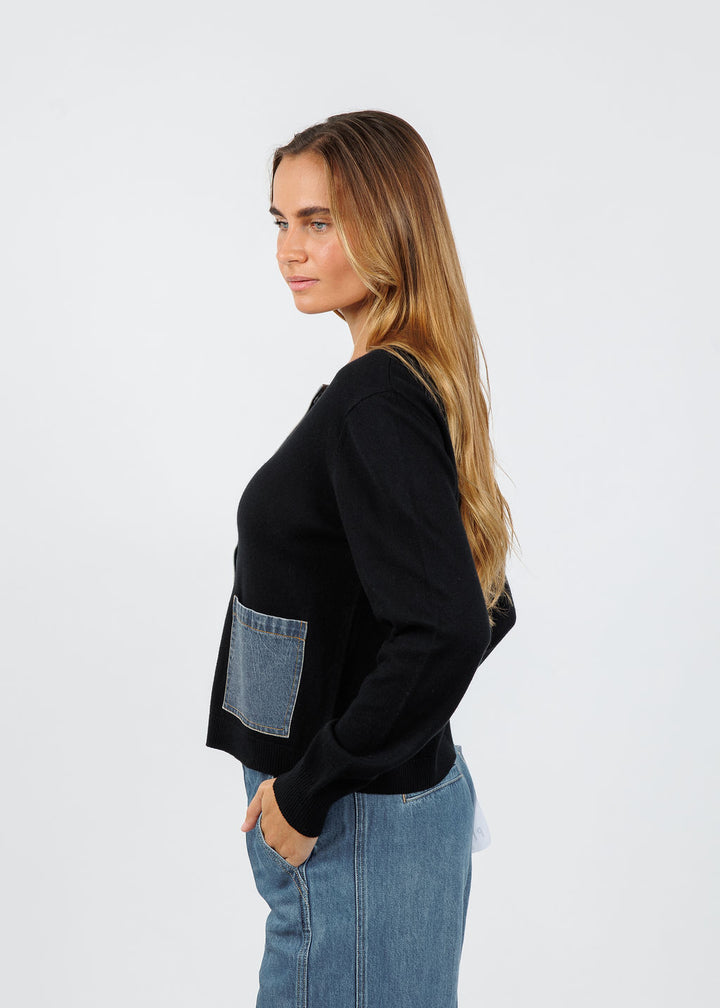 J Society Denim Pocket Cardigan in Black/Blue available at Barbara Katz