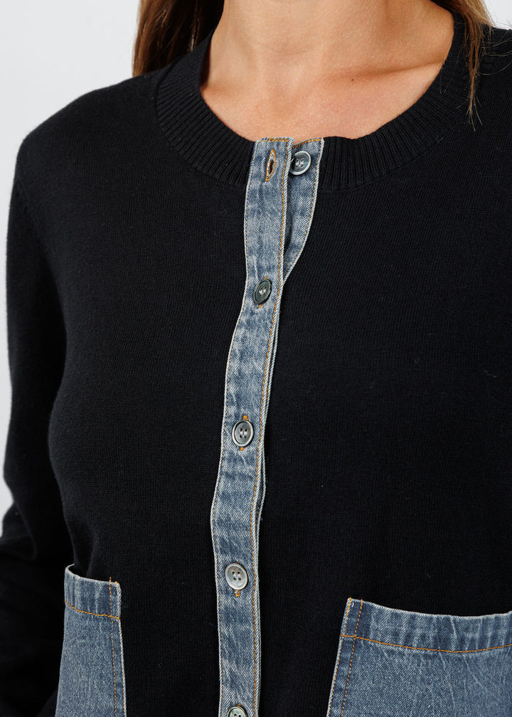J Society Denim Pocket Cardigan in Black/Blue available at Barbara Katz