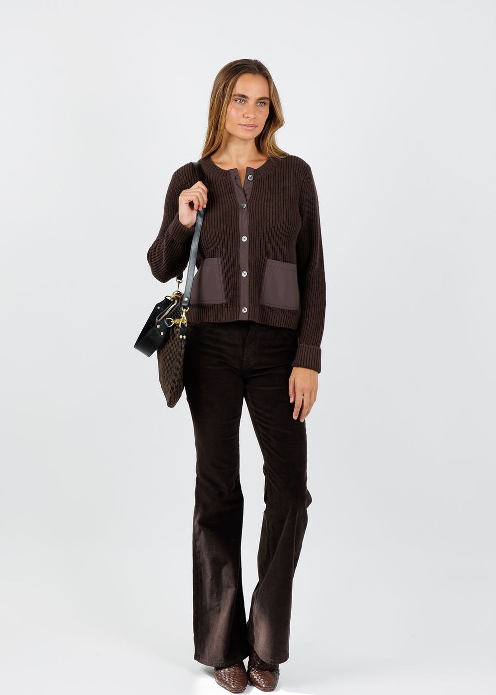 J Society Pocket Cardigan in Chocolate available at Barbara Katz