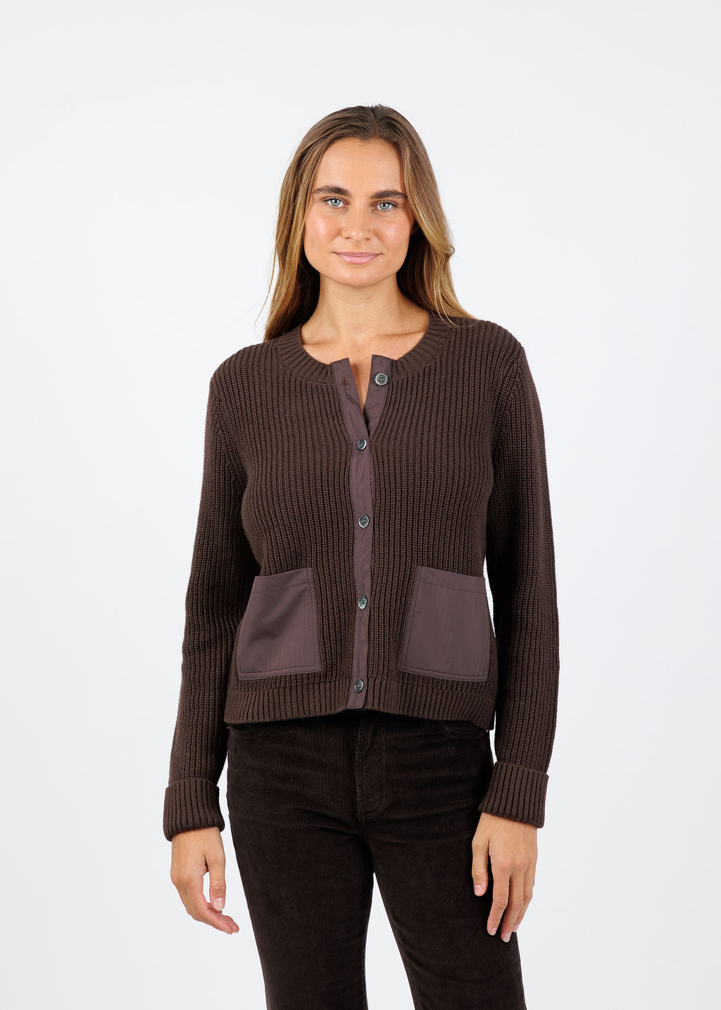 J Society Pocket Cardigan in Chocolate available at Barbara Katz