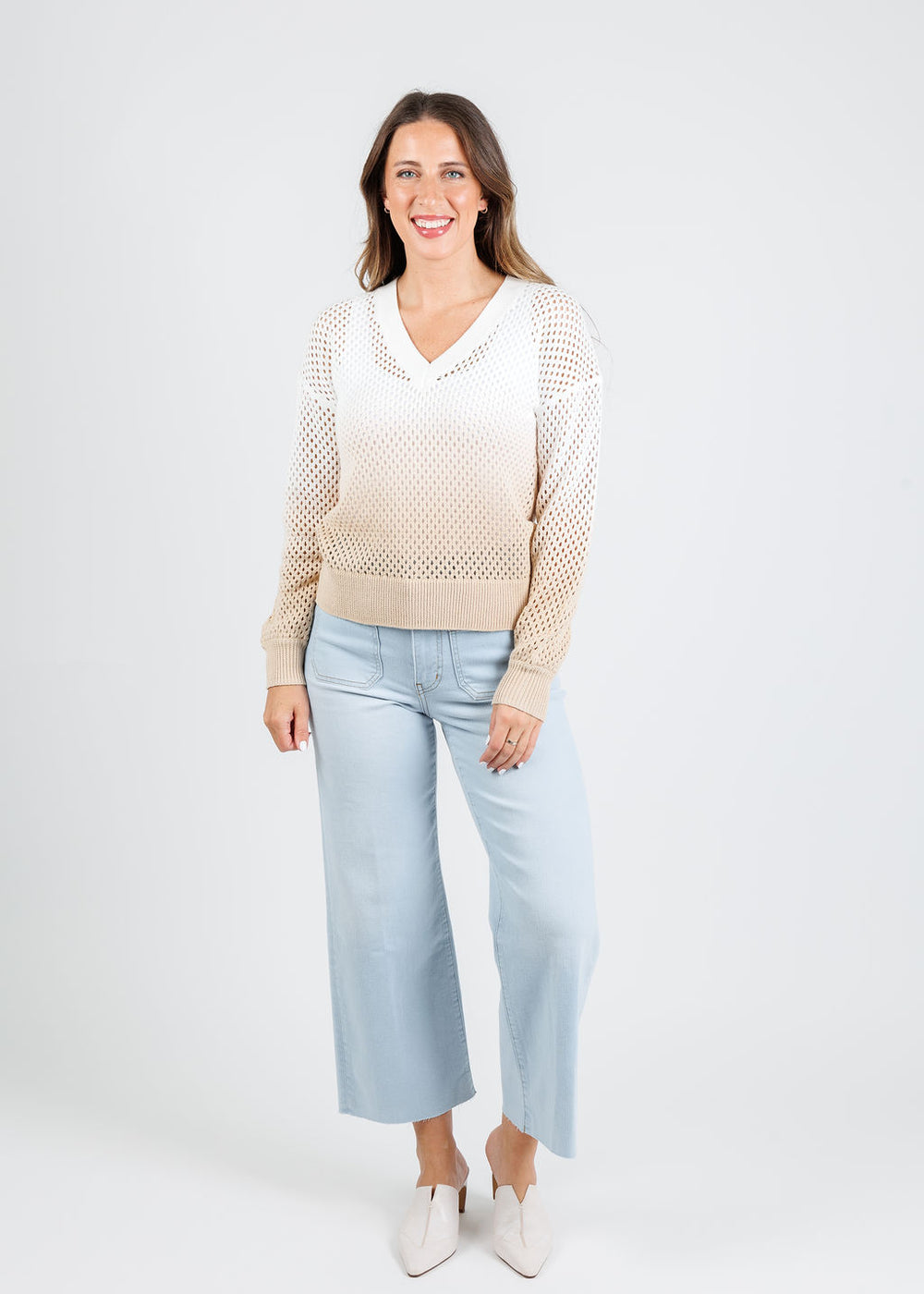 J Society Ombre Mesh V-Neck Sweater in Sand paired with Frame The Anchor Pants in Float Raw Fray available at Barbara Katz